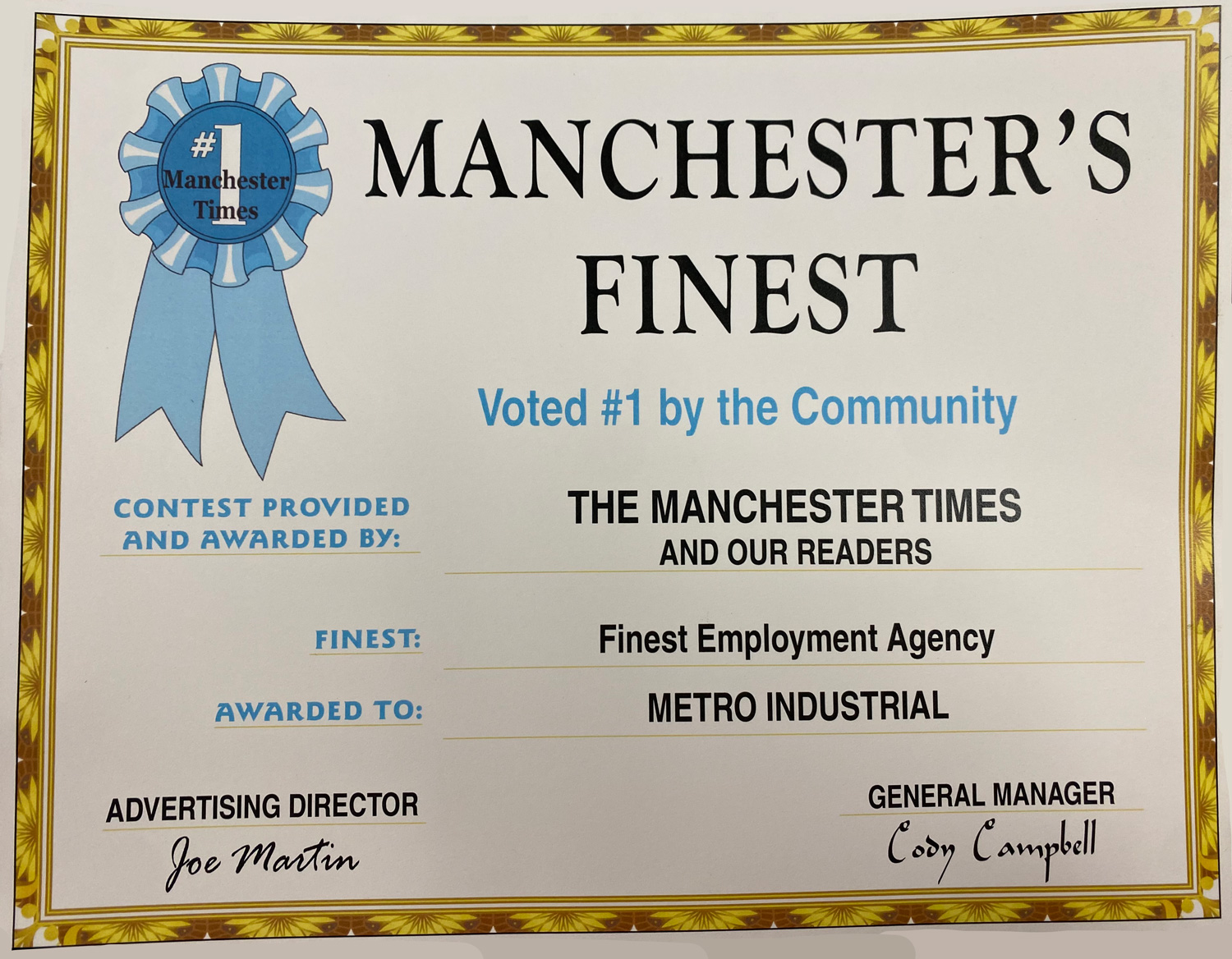 Manchester's Finest award